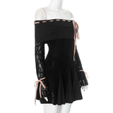 Black Off-Shoulder Lace Sleeve Mini Dress-Outfit