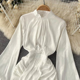 Women Fashion Korean Dress Stand Collar Long Sleeve Ruched Solid Dresses 2022 New Spring Slim Streetwear Short