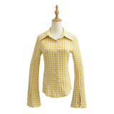 Trendy Women's Horn Long-Sleeved Forked Shirt Summer New Pure Lust Hot Girl Tight Waist Plaid Blouse-Outfit
