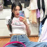 Korean Fashion Cute Crop Tops Kawaii Cat Print Short Sleeve T-shirts Kpop Women Japanese Style Sim Tee Shirts