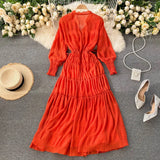 Holiday Dress Spring Dress 2023 New Goddess Temperament V-Collar Rope-Drawn Waist Dress-Outfit