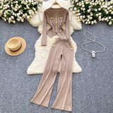 Small Fragrant Wind Metal Collar Collar Repair Long-Sleeved Knitted Shirt Women High-Waist Casual Pants Two