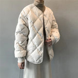 Autumn winter down jacket women fashion covered button o neck full sleeve diamond lattice oversize warm coat parka