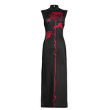 Temperament A Rose Print Bumpy Color Sexy Dew Height Collar Sleeveless High Open Skirt Dress