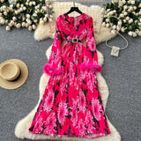 Elegant Dress Women 2025 New Light Style Waist Hair Sleeve Splicing Print 100-Folded Long