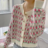 2022 Korean Style Loose Soft Autumn Winter Knitted Cardigan Long Sleeve Round Neck Flower Sweater Fashion Short Women's