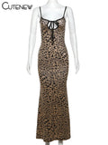 Women's Leopard Printed Maxi Dress Elegant Spaghetti Strap Backless Lace-up Robe Skinny Retro Dresses Vestidos New 2024-Outfit