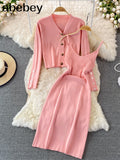 Botton Knitted Women Sets Loose Long Sleeves Cardigan+ Solid Elastic Dress French Style Casual Two Piece