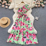 Irregular Ruffled Floral Print Dress Sashes Women Summer 2022 Vacation Slim Fashion Sexy Ladies A Line Long