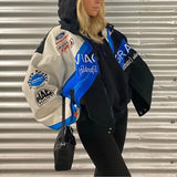Print Loose Baseball Jackets Women 2022 Casual Blue Long Sleeve Sports Coat Spring Autumn Female Streetwear Zipper Bomber