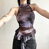 Toloer 2024 New Women's Half High Collar Flounce Sleeveless Print Mesh Slim Small Vest-Outfit
