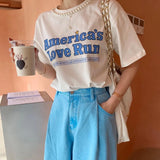 Toloer Chic Summer French Print Loose Casual Short-Sleeved T-Shirt-Outfit