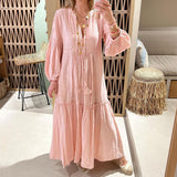Toloer Spot 2024 Autumn New Women's Fashion V-Neck Bubble Sleeve Bohemian Cotton Linen Dress-Outfit