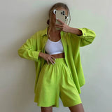 Toloer New Solid Color Single Breasted Long Sleeve Lapel Shirt Shorts Loose Fashion Casual Suit-Outfit