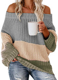 Toloer And Winter Women's One Word Collar Loose Splicing Color Knit Jumper Sweater