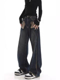 Toloer New Niche Design Contrast Jeans Women's High Street Blue Fur Mop Wide Leg