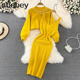 Beading Knitted Women Sets Loose Long Sleeves Sweater+ Solid Elastic Dress French Style Casual Two Piece