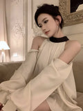 Shirts Women Elegant Off Shoulder Satin Bandage Stand Collar Long Sleeve Hollow Out Loose Blouse Female Casual Sexy Tops-Outfit