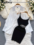 Women Two Pieces Sets Lantern Sleeve Blouse Shirt Top + Bodycon Slim Waist Ruched Spaghetti Strap Dress