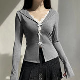 Toloer Sweet Girl Wind Bump Color Lace Slim Long Sleeve T-Shirt V-Neck Flip Stitching Bow Small Cardigan-Outfit