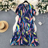Dress Women's 2024 Summer Dress New Loose Leisure Fashion Print Medium-Long Bubble Sleeve Holiday Dress-Outfit
