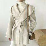 Aachoae Women Solid Color Wool Coats With Belt Long Sleeve Hooded Pockets Coats Female Chic Elegant