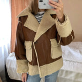 Women Lambswool Faux Leather Patchwork Jacket 2021 Autumn Fashion Ladies Thick Pocket Streetwear Female Brown