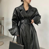 Lautaro Long oversized leather trench coat for women long sleeve lapel loose fit Fall Stylish black women clothing