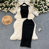 Kong Style Retro Hottie Suit Women's Summer Short Vest Top With High Waist Half Skirt Knit Two