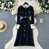 And Winter Small Fragrant Style Long-Sleeved Temperament Dress Elegant Metal Button Decoration Waist Open Fork Knitting