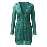 New Women's Ebay Dress Deep V Perspective Long Sleeve Short Dress Sprinkled Gold