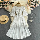 Women Off Shoulder Solid Dress Sexy Slash Neck Short Sleeve A-line Ruched Dresses Summer Bohemian Beach