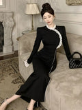 Dresses Women Stand Collar Lace Patchwork Split Long Sleeve Slim Vintage Elegant Dress Slim Elegant Dress Ladies-Outfit