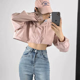 Trendy Women's Wear Hooded Jacket Charge Suit Sweet And Spicy Loose Solid Color Short Style Pull Rope Design Sense Sports Jacket-Outfit