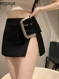 Mini Skirts Women Split Rhinestone Belt High Waist Black Slim Wrap Hip Sexy Skirt Female Streetwear Summer New 2024-Outfit