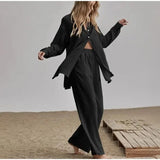 Linen Wide Leg Pants Set Two Piece Set Women Vintage Boho Maxi Shirt Autumn Holiday Loose Work Streetwear Y2k Outfits-Outfit