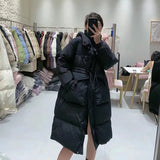 Fashion Waist Hooded Long Down Jacket Female 2024 Winter New Show Thin Three Plate Buckle Warm Coat-Outfit