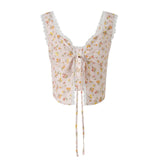 Women Y2K Fairy Low-Cut Sling Floral/Dot Lace-Trimmed Tie-Up Cardigan Short Tops Spaghetti Strap Sleeveless Cami Tops-Outfit