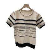 Version Of Chic Summer Small Casual Round-Coln Color Three-Dimensional Stripe Design Sense Loose Short-Sleeved Knitted T-Shirt