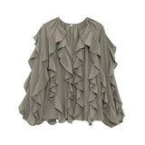 Women's V-Neck Folding Trim Shirt Long-Sleeved Top Loose
