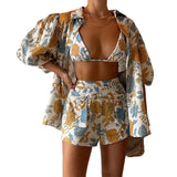 Toloer Spot Spring 2023 New Women's Fashion Printed Shirt Sling Vest Shorts Three-Piece Set-Outfit