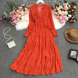 Holiday Dress Autumn Dress 2023 New Goddess Temperament V-Collar Rope-Drawn Waist Dress-Outfit