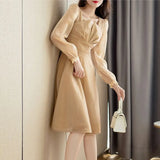 Toloer Dress Light Luxury Foreign Style Long Sleeves Light Luxury Fold Three-Dimensional Design Waist Show Thin Dress Women's Dress-Outfit