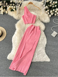 Pink Summer Women Solid 2 Piece One Shoulder Crop Top Tanks Slit Midi Skirt Set Bodycon Sexy Party Elegant