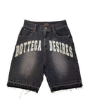 Sales Wash To Make Old Fringed Loose Men's Denim Shorts Retro Letter Black Gray Shorts-Outfit