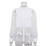 Toloer / Summer 2023 Fashion Shirt Women's Long Sleeve Lapel Organza Patchwork Shirt Top Transparent Sexy Women's Clothes-Outfit