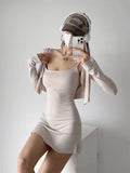 Trend Women's Fungus Edge Cardigan Short Style Long-Sleeved Coat Suspender Body-Stylish Dress Two-Piece Suit-Outfit