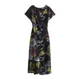 Spring Silk Satin Texture V-Collar Printed Flute Dress 2398113-Outfit