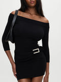 Temperament Short Dress 2025 Autumn And Winter New Striped Shoulder Repair Slim Sexy Short Dress