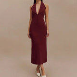 Burgundy Large Collar Halter Midi Dress-Outfit